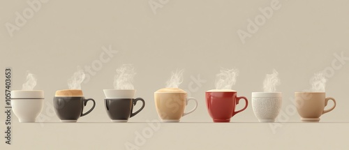 Various steaming coffee mugs in line.