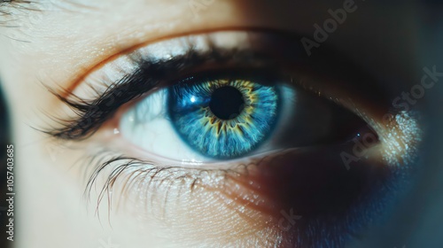 A close-up of a blue eye showcasing intricate details and reflections.