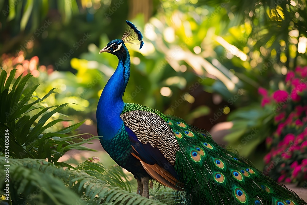 A Vibrant Peacock Stands in Lush Greenery A Vibrant Peacock Stands in Lush Greenery