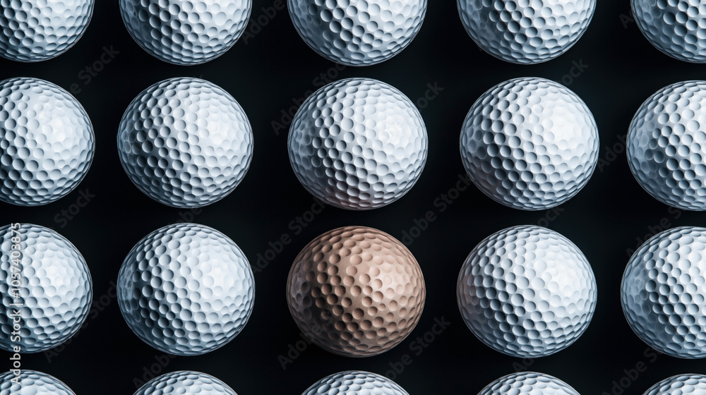 Multiple white golf balls arranged in rows on a dark surface with one distinct brown golf ball standing out among them, highlighting contrast and uniqueness. Multiple white golf balls arranged in rows on a dark surface with one distinct brown golf ball standing out among them, highlighting contrast and uniqueness.