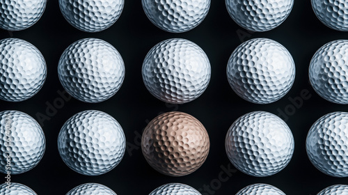 Multiple white golf balls arranged in rows on a dark surface with one distinct brown golf ball standing out among them, highlighting contrast and uniqueness.