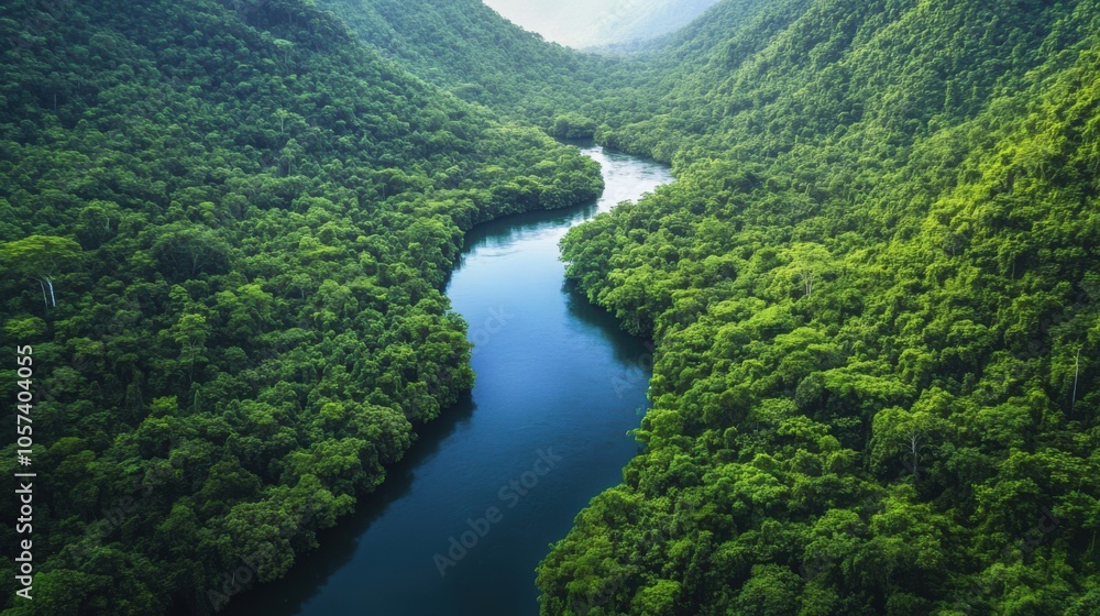 A pristine river cutting through a dense rainforest A pristine river cutting through a dense rainforest