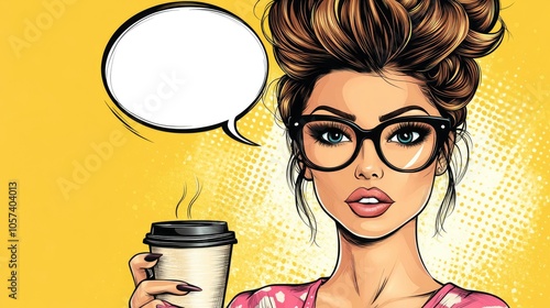 Shocked woman with coffee cup and speech bubble in pop art style