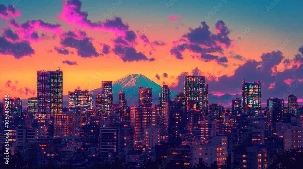 Tokyo skyline at dusk with illuminated buildings and Mount Fuji in the background under a colorful sunset sky, capturing iconic Japan. Tokyo skyline at dusk with illuminated buildings and Mount Fuji in the background under a colorful sunset sky, capturing iconic Japan.