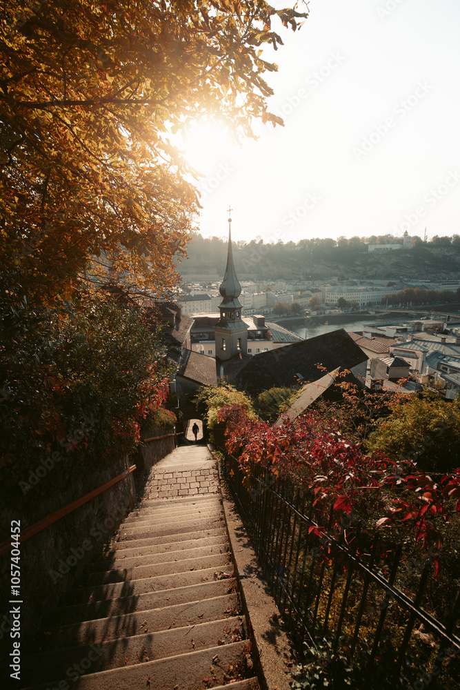 Salzburg historic town with stairs at sunset, Salzburg Land, Austria