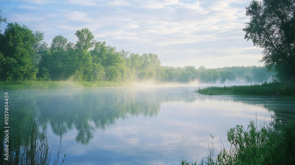 A serene river scene with mist rising from the water in the early morning