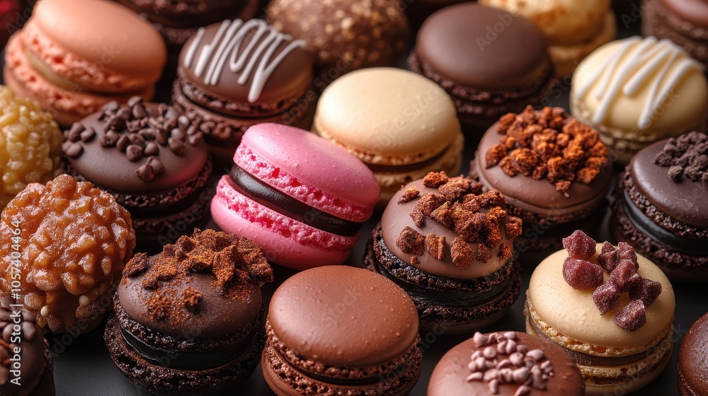 Elegant French dessert display featuring colorful macarons and delicate petit fours, artfully presented for a delightful culinary experience Elegant French dessert display featuring colorful macarons and delicate petit fours, artfully presented for a delightful culinary experience