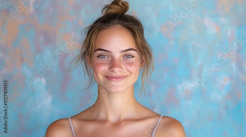 Capturing the essence of joy a portrait of natural beauty against a soft pastel background that radiates positivity and confidence