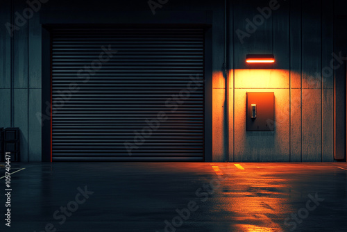 A garage with a roller shutter door that is closed and a light shining on it. photo