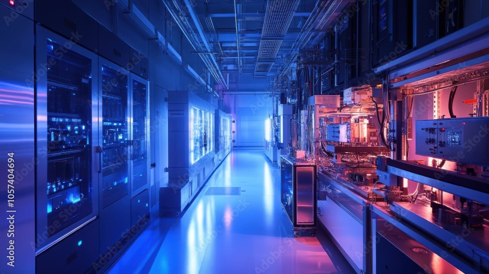 A sleek, modern physics lab studying particle collisions with A sleek, modern physics lab studying particle collisions with