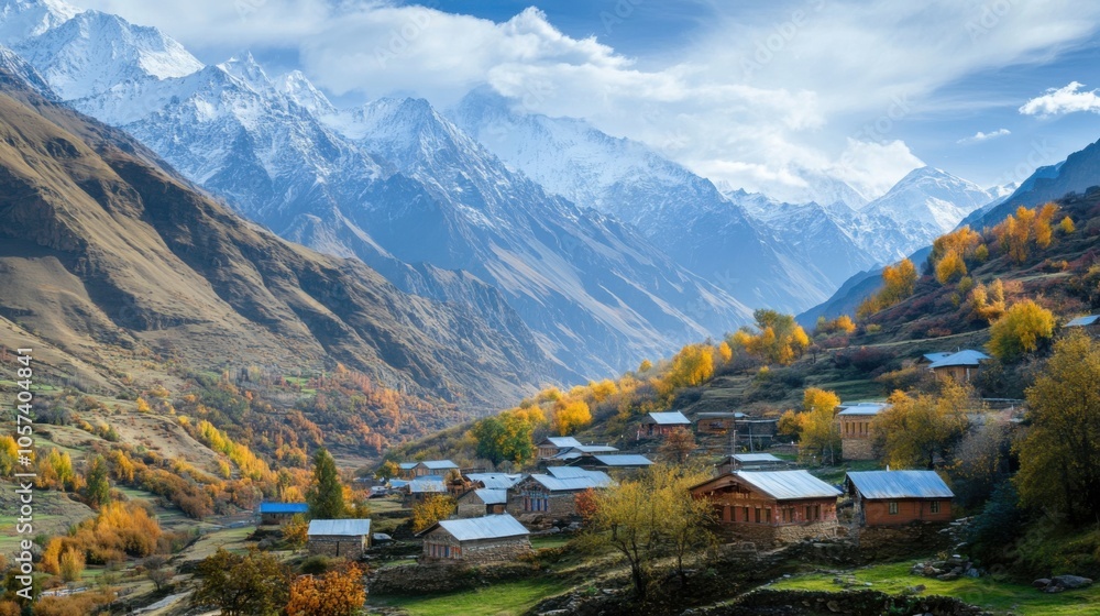 A small village nestled in a valley surrounded by mountains A small village nestled in a valley surrounded by mountains