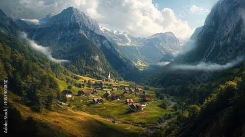 A small village nestled in a valley surrounded by mountains