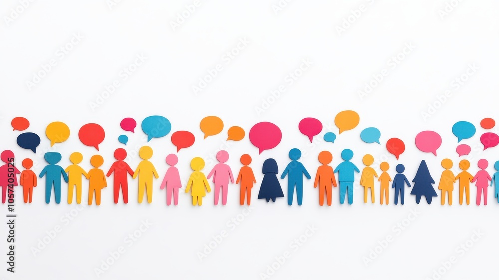 Colorful paper cutouts of people with speech bubbles, symbolizing communication and interaction among diverse individuals. Colorful paper cutouts of people with speech bubbles, symbolizing communication and interaction among diverse individuals.