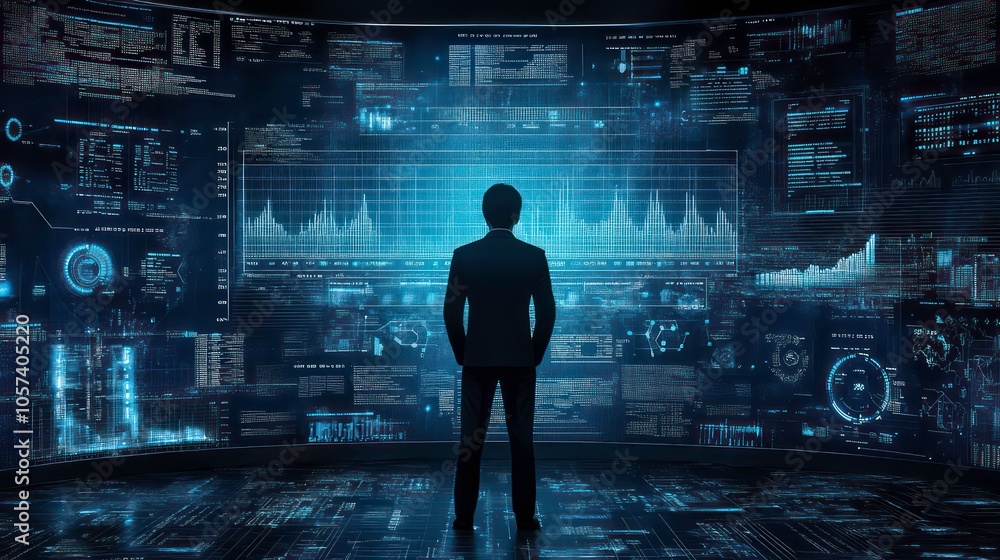 A figure stands before a digital display of data and analytics, suggesting technology and analysis. A figure stands before a digital display of data and analytics, suggesting technology and analysis.