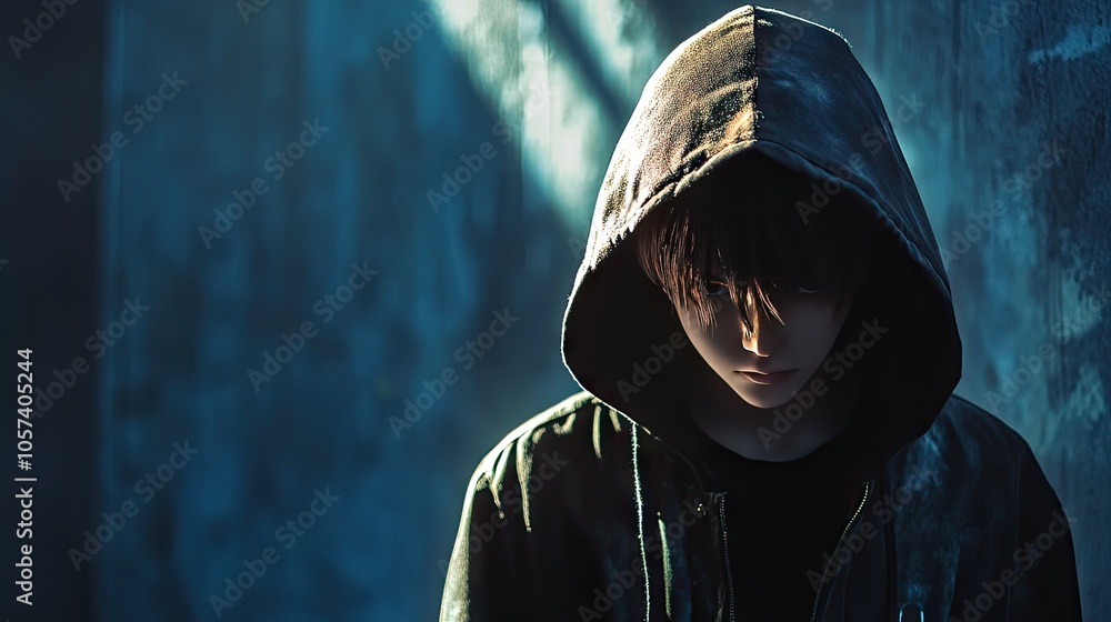Young anime boy with a hoodie covering his face, exuding a cool, enigmatic vibe in a shadowy setting. Young anime boy with a hoodie covering his face, exuding a cool, enigmatic vibe in a shadowy setting.