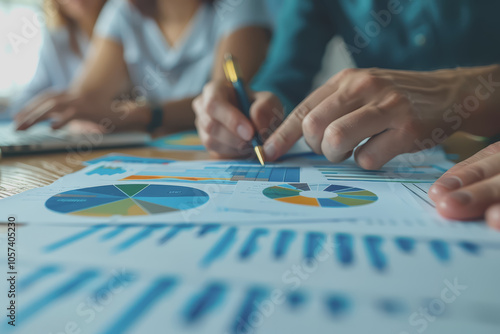 Hands business team having a meeting to analyze data graph charts for a marketing plan in the office