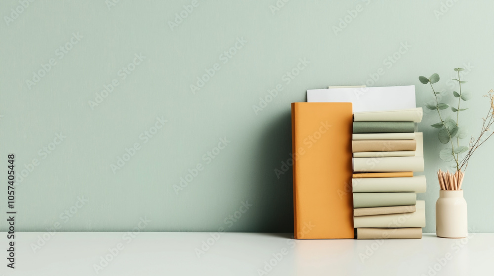 Fototapeta premium Minimalist workspace with stacked books, eucalyptus branches in a vase, and a notebook on a white desk against a pale green wall.