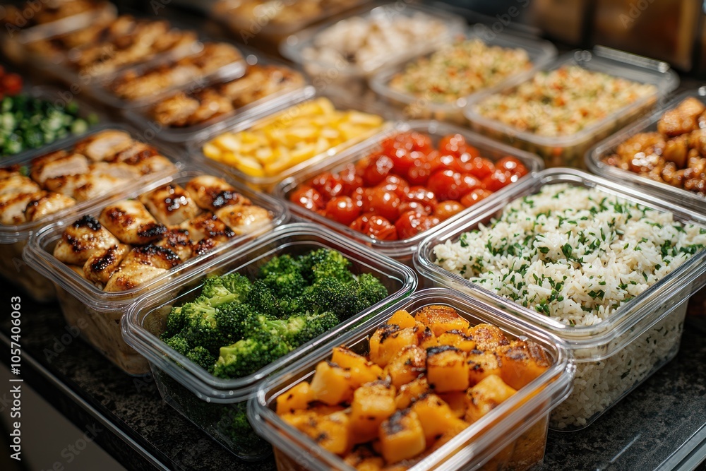 A variety of prepared meals in containers, showcasing healthy food options for meal prep. A variety of prepared meals in containers, showcasing healthy food options for meal prep.