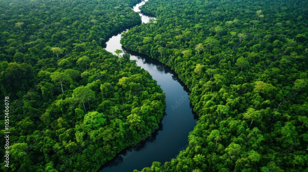 Aerial view of a dense forest with a river snaking through it Aerial view of a dense forest with a river snaking through it