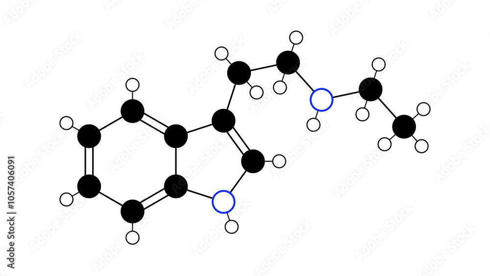 n-ethyltryptamine molecule, structural chemical formula, ball-and-stick model, isolated image tryptamine n-ethyltryptamine molecule, structural chemical formula, ball-and-stick model, isolated image tryptamine