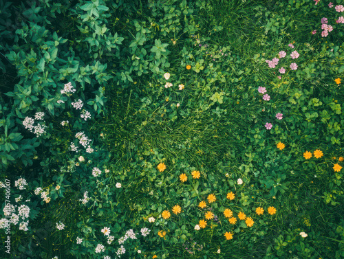 Aerial view of a vibrant wildflower meadow with diverse blooms and lush greenery.