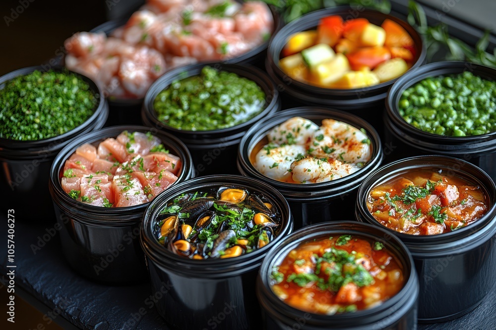 A variety of fresh ingredients and dishes in black containers, ready for preparation. A variety of fresh ingredients and dishes in black containers, ready for preparation.