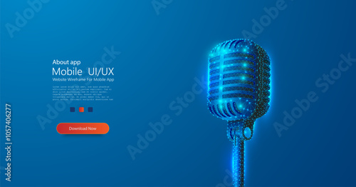 A digital vector illustration of a vintage-style microphone rendered with glowing blue geometric lines, evoking a futuristic and high-tech aesthetic. Microphone form lines, triangles, low poly.