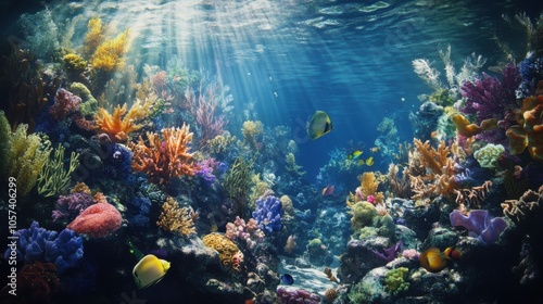 An underwater scene of a coral reef with diverse marine life