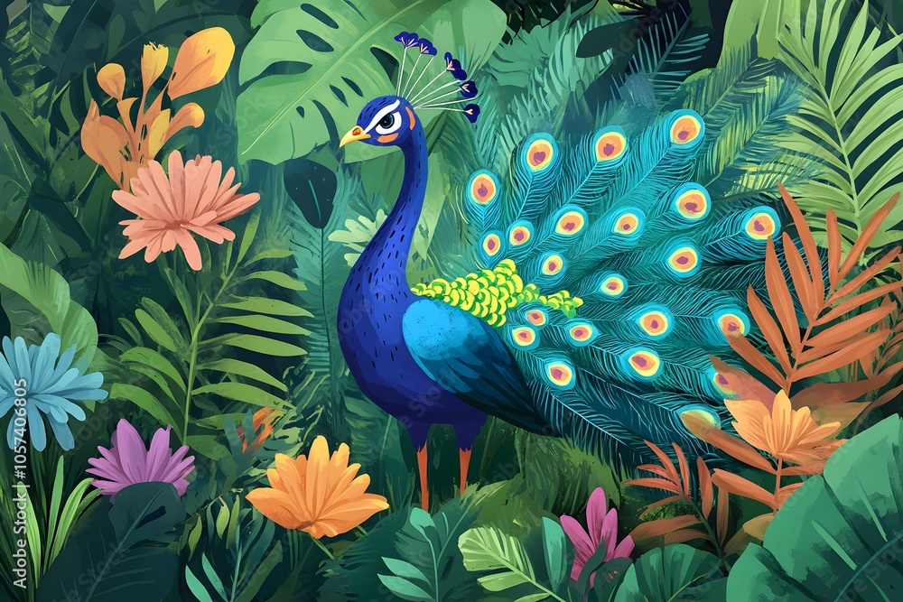 Fototapeta premium A Vibrant Peacock Amidst Lush Tropical Foliage