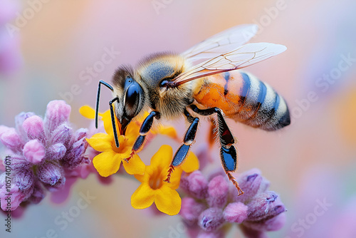 A close-up of a bee pollinating vibrant flowers, showcasing its intricate details and colorful environment.