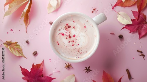 Autumn-themed coffee with milk on pink background. photo