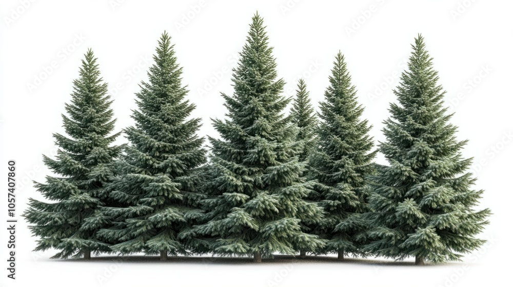 Cluster of tall pine trees with deep green tones, symbolizing lush woodlands, isolated on white background Cluster of tall pine trees with deep green tones, symbolizing lush woodlands, isolated on white background