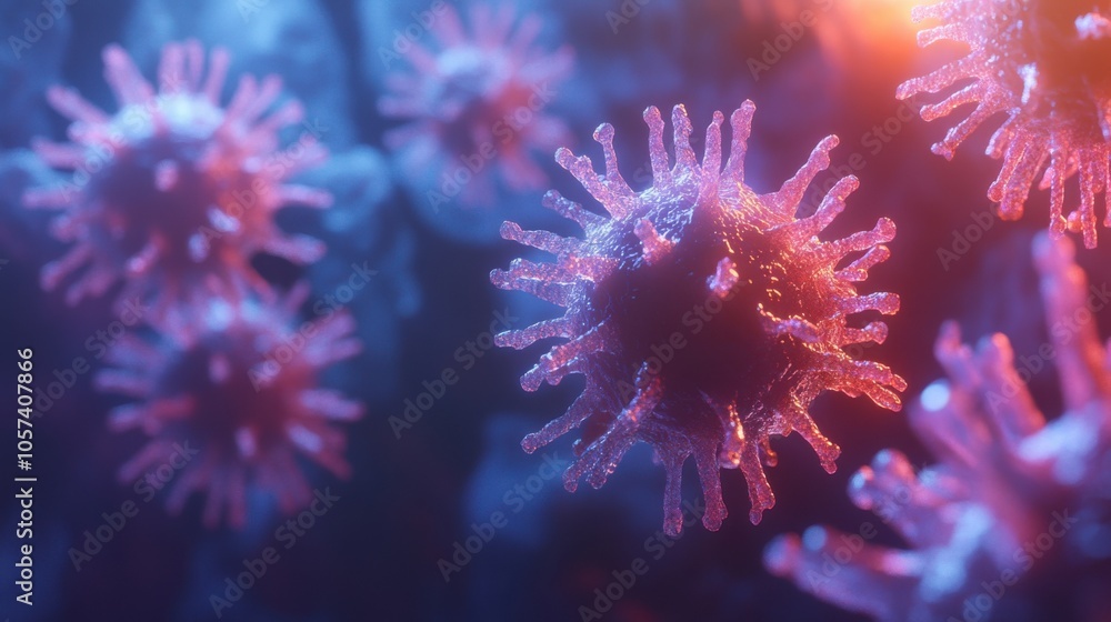 Fototapeta premium Close-up of flu virus under a microscope, highly detailed and realistic