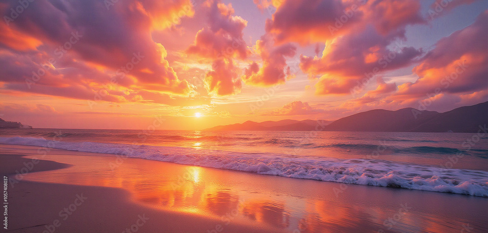 Naklejka premium Vibrant Ocean Sunset with Dramatic Sky and Reflective Water