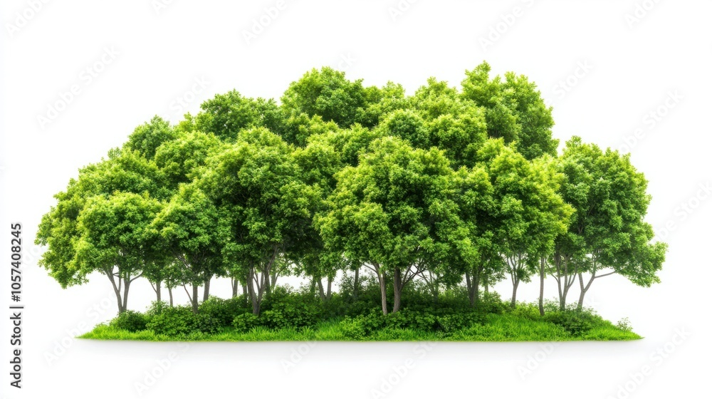 Cluster of vibrant deciduous trees in full foliage, creating a lush green forest feel, isolated on white background Cluster of vibrant deciduous trees in full foliage, creating a lush green forest feel, isolated on white background