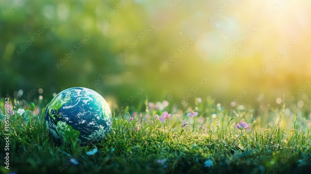 A globe resting on grass with flowers, symbolizing environmental awareness and nature. A globe resting on grass with flowers, symbolizing environmental awareness and nature.