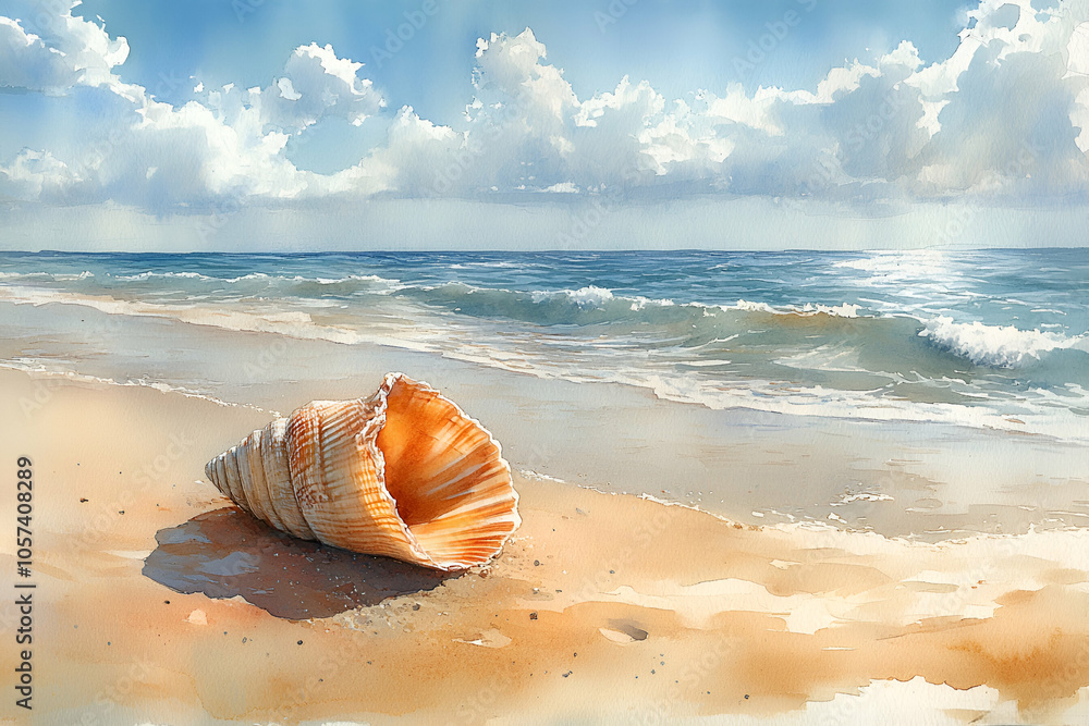 A large seashell rests on a sandy beach, with gentle waves lapping at the shore under a bright sky filled with fluffy clouds. A large seashell rests on a sandy beach, with gentle waves lapping at the shore under a bright sky filled with fluffy clouds.