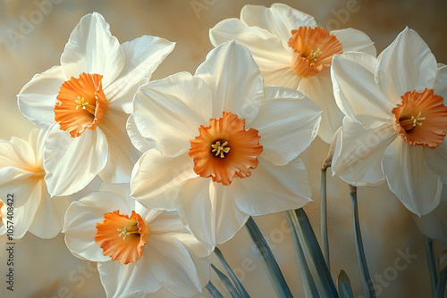 A beautiful arrangement of delicate white and orange daffodils against a soft, blurred background, exuding a fresh, springtime vibe.