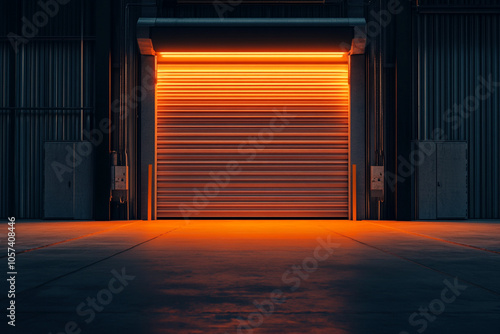 A garage with a roller shutter door that is closed and a light shining on it. photo