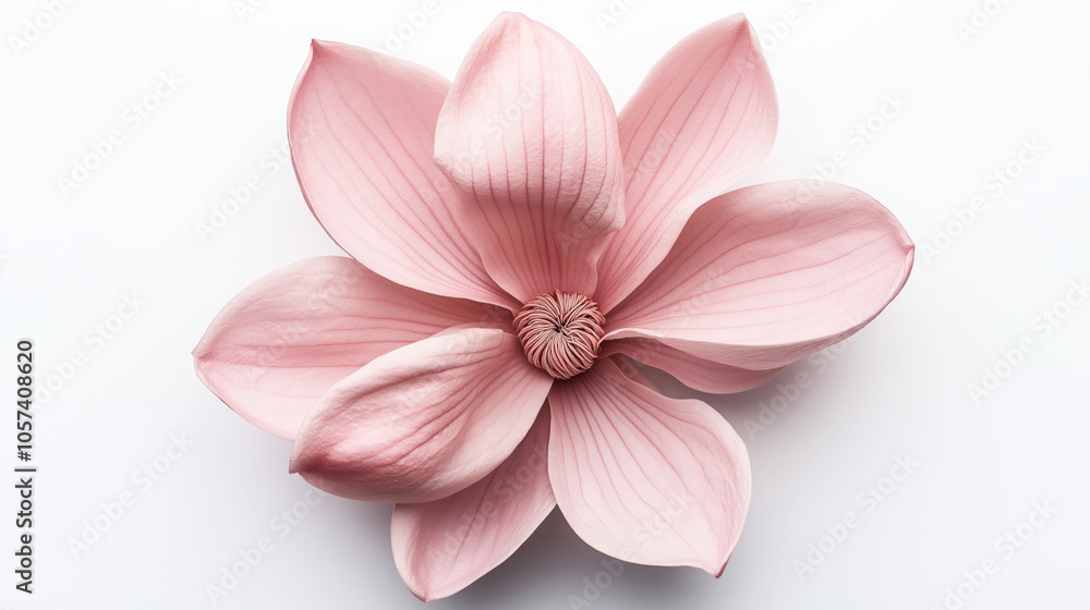 Close-up of a pink magnolia flower with detailed petals isolated on a white background, showcasing intricate veining and delicate textures. Close-up of a pink magnolia flower with detailed petals isolated on a white background, showcasing intricate veining and delicate textures.
