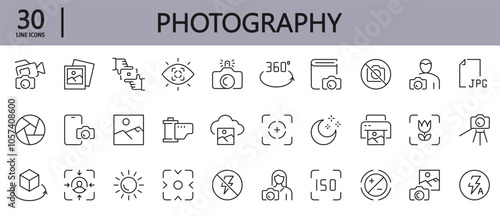 Photography line icons set with Photo, Focus, Photographer, Camera, Tripod, Macro and more. Editable Stroke