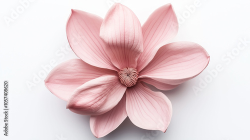 Close-up of a pink magnolia flower with detailed petals isolated on a white background, showcasing intricate veining and delicate textures.