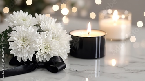 Black ribbons, white candles and roses are used to honor the dead，generated with AI.