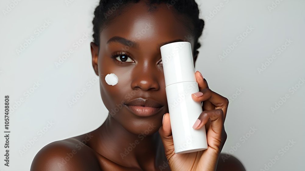 Skincare Product Bottle Mockup with Black Woman Model Skincare Product Bottle Mockup with Black Woman Model