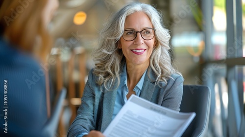 Fototapeta Naklejka Na Ścianę i Meble -  Smiling mature business woman hr holding cv document at job interview. Happy mid aged professional banking manager or lawyer consulting client sitting at workplace in corporate office meeting.