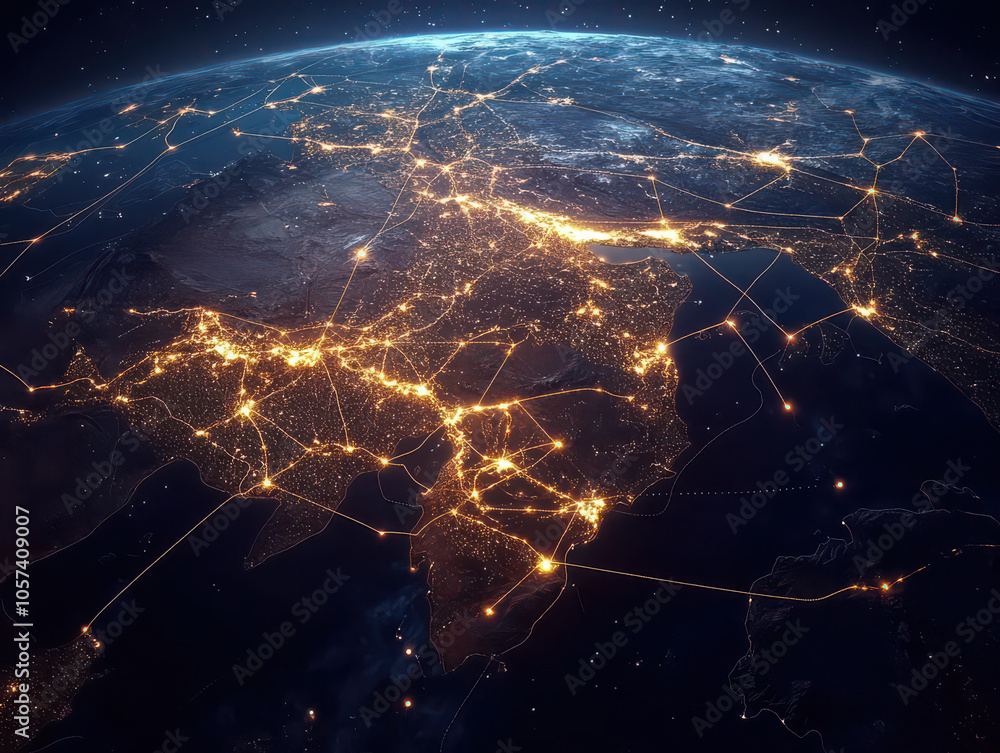 Aerial view of illuminated global network connecting countries at night. Aerial view of illuminated global network connecting countries at night.