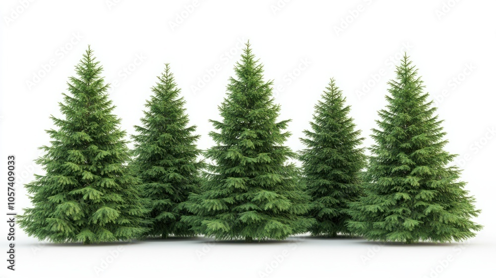 Group of green fir trees with pointed needles, evoking forest wilderness, isolated on white background Group of green fir trees with pointed needles, evoking forest wilderness, isolated on white background
