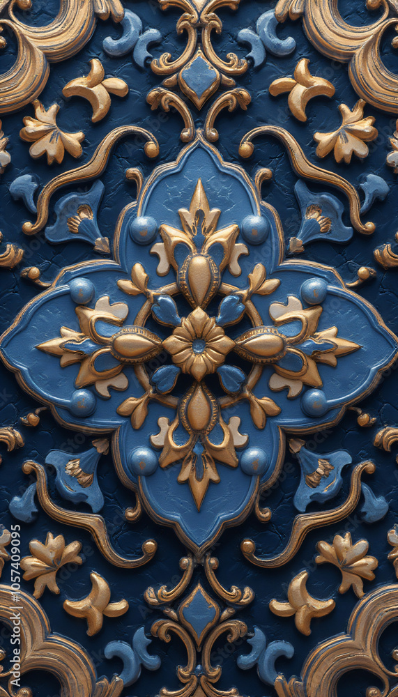 Royal Blue and Gold Ornamental Pattern with Intricate Floral Design Royal Blue and Gold Ornamental Pattern with Intricate Floral Design