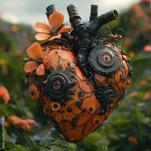 Steampunk Heart with Gears and Flowers in a Lush Garden Setting, Symbolizing the Fusion of Nature and Technology photo