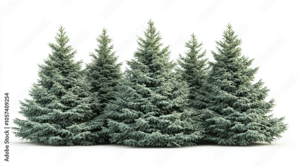Group of spruce trees with deep green branches, symbolizing evergreen beauty, isolated on white background Group of spruce trees with deep green branches, symbolizing evergreen beauty, isolated on white background